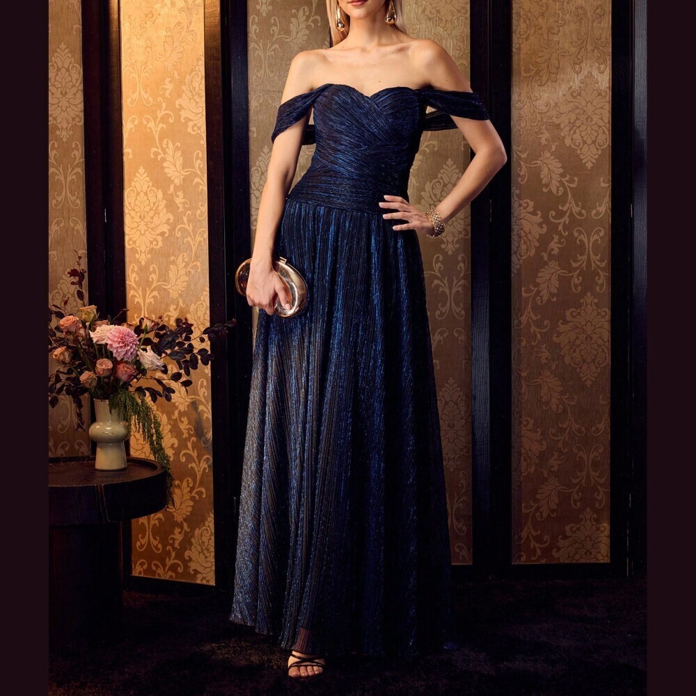 Navy Metallic Pleated Off Shoulder Sweetheart Maxi Gown Dress
